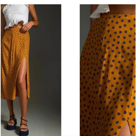 Anthropologie Maeve NWT Polka Dot Midi Skirt - Mustard Size 4 - Picture 2 of 6
